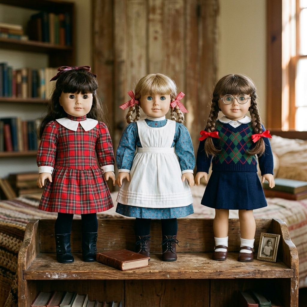 A highly detailed photorealistic image of vintage american girl dolls with original clothes right