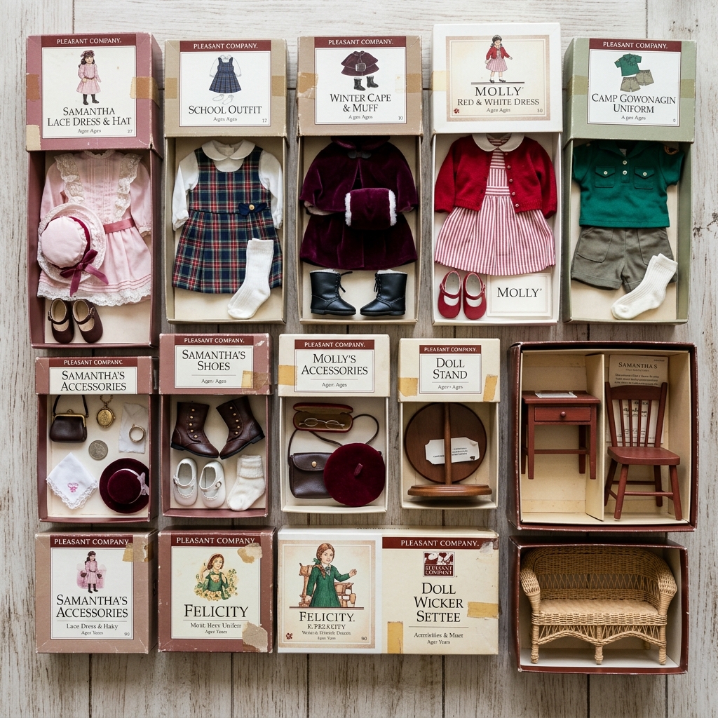 A highly detailed photorealistic image of vintage american girl dolls in their boxes left
