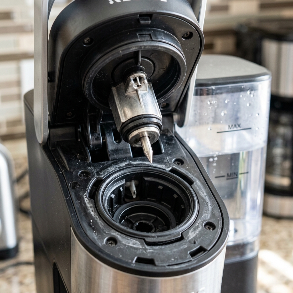 A close up view of the internal needle mechanism of a coffee maker right