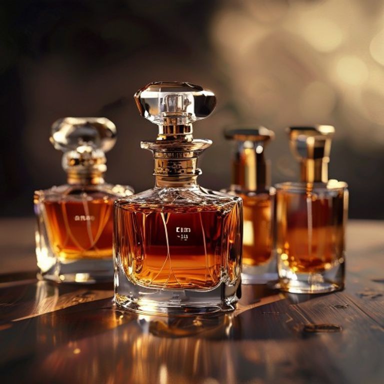 A highly detailed photorealistic image of a collection of vintage discontinued perfumes on a dresser left