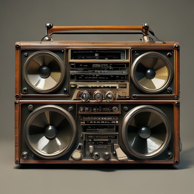 A highly detailed photorealistic image of a classic JVC RC-M90 vintage boombox with visible cassette deck and equalizer right