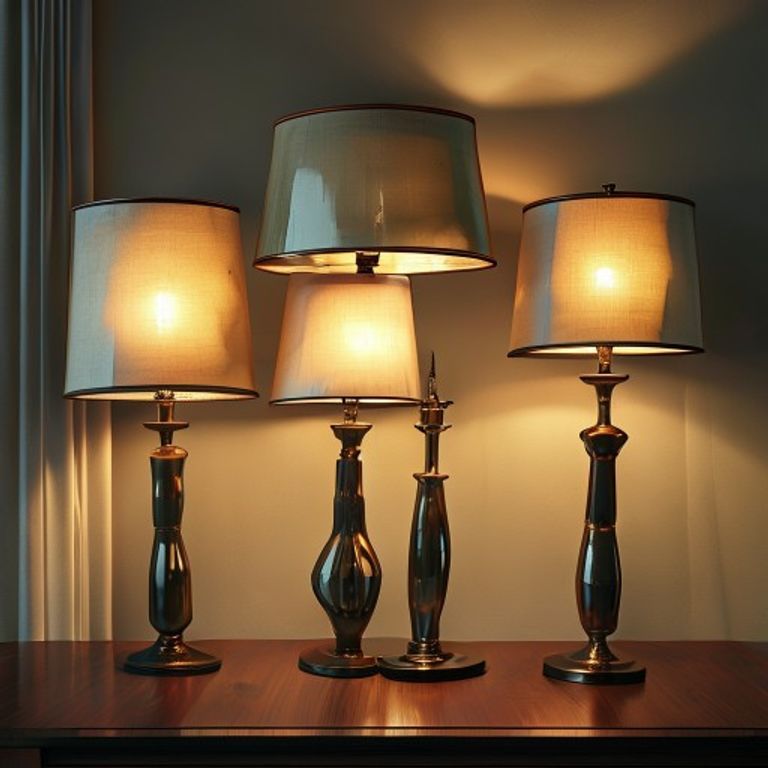 A close-up of a stylish vintage mid-century modern lamp with brass accents and a unique diffuser left