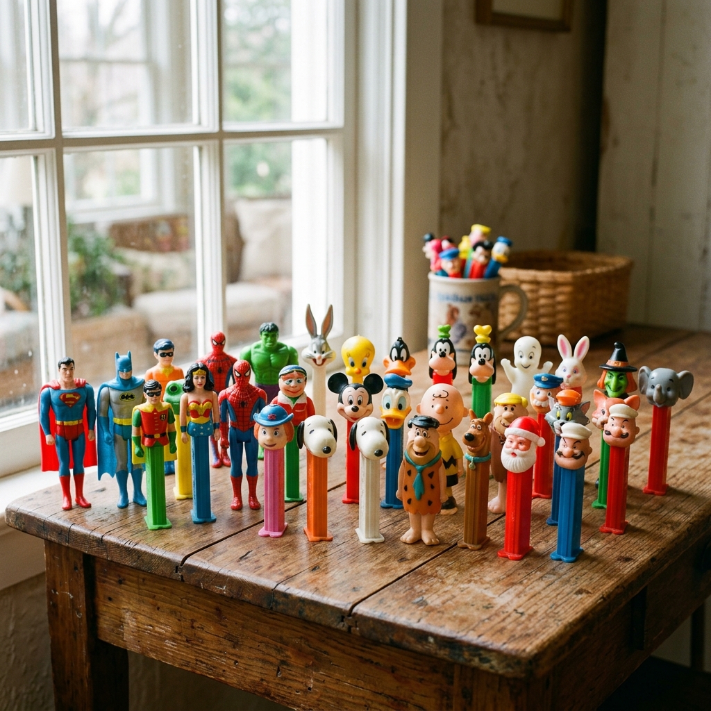 A collection of colorful vintage Pez dispensers standing upright right