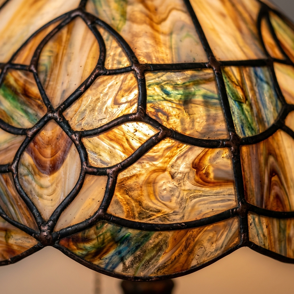 A macro close up showing the texture and copper foil lines of vintage slag glass left