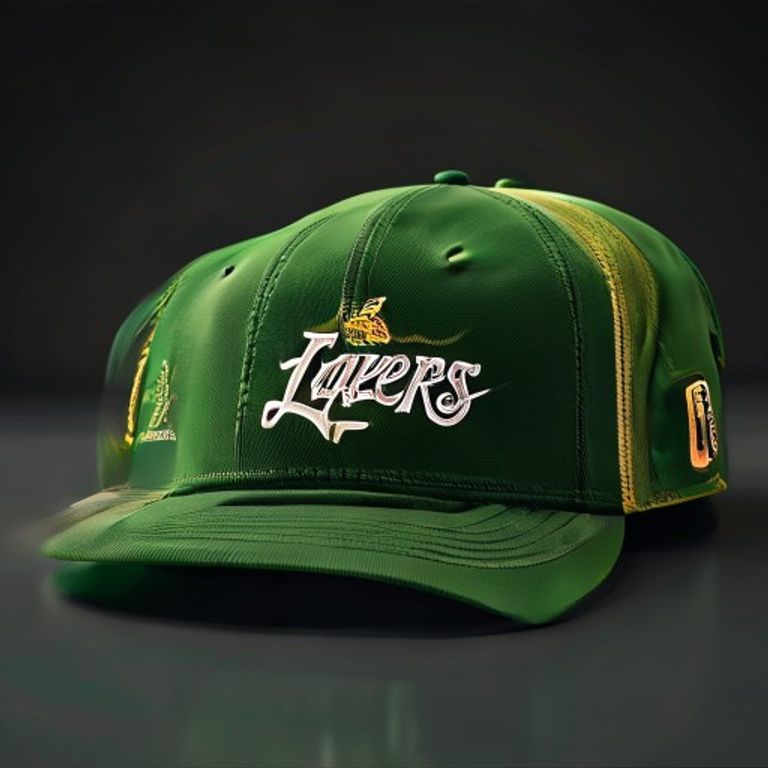 A detailed shot of a vintage Sports Specialties Los Angeles Lakers snapback hat with a green undervisor right