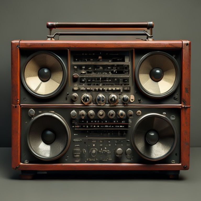 A highly detailed photorealistic image of a vintage stereo receiver with intricate controls and a brushed metal finish left