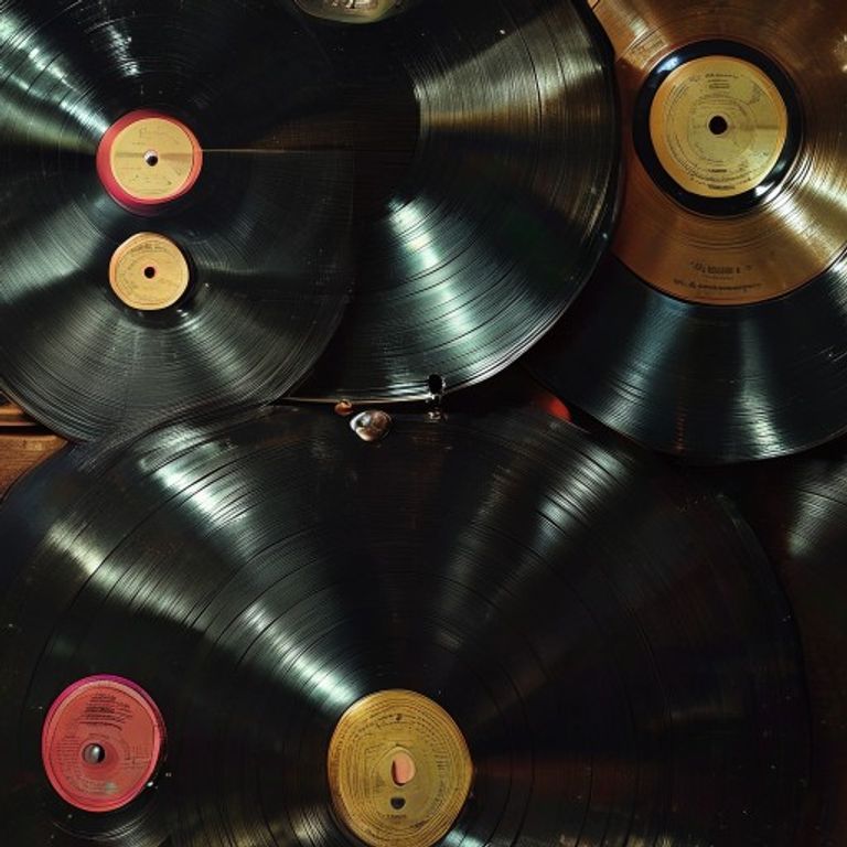 A collection of colorful vintage vinyl records stacked on a turntable left