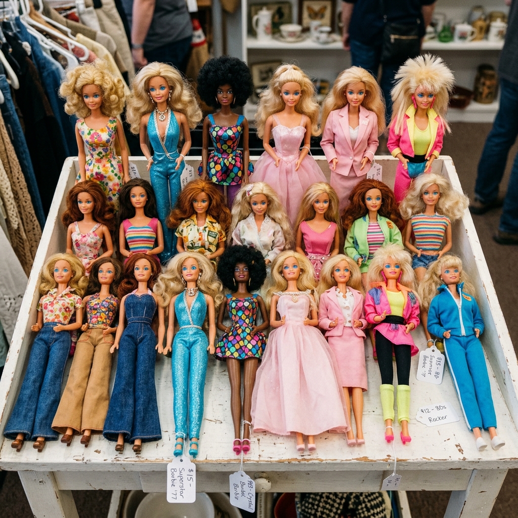 A highly detailed photorealistic image of a collection of vintage Barbie dolls left
