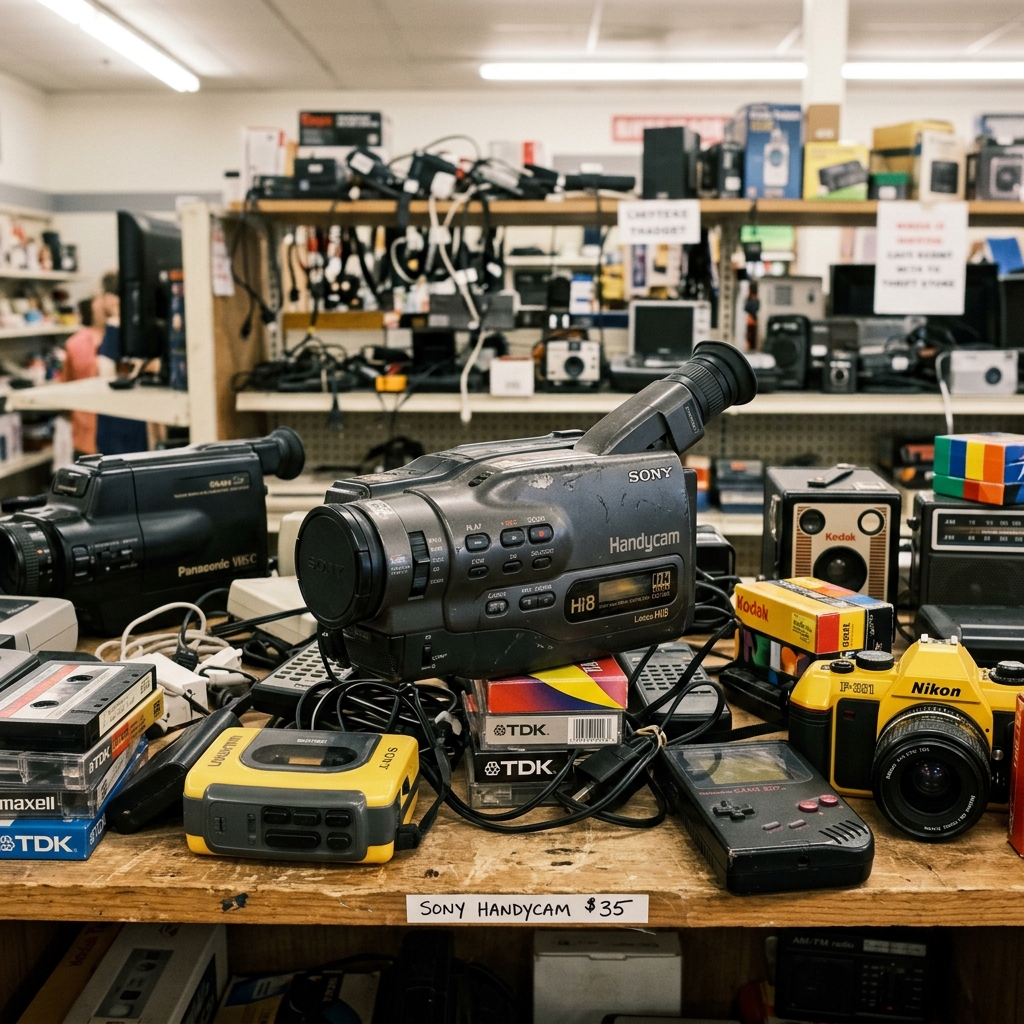 Vintage Sony Handycam on a thrift store shelf right