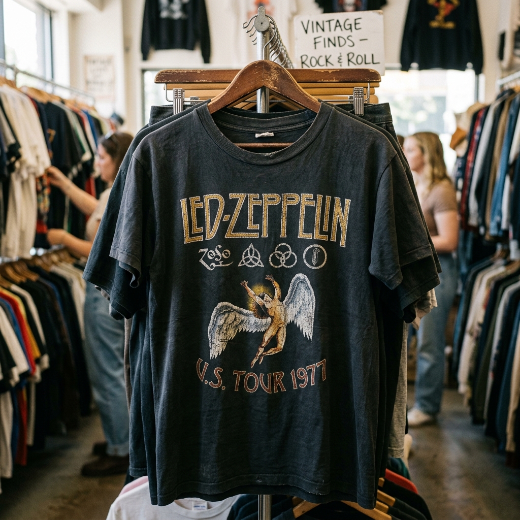 A vintage concert t-shirt featuring a classic band logo and tour dates on a hanger right