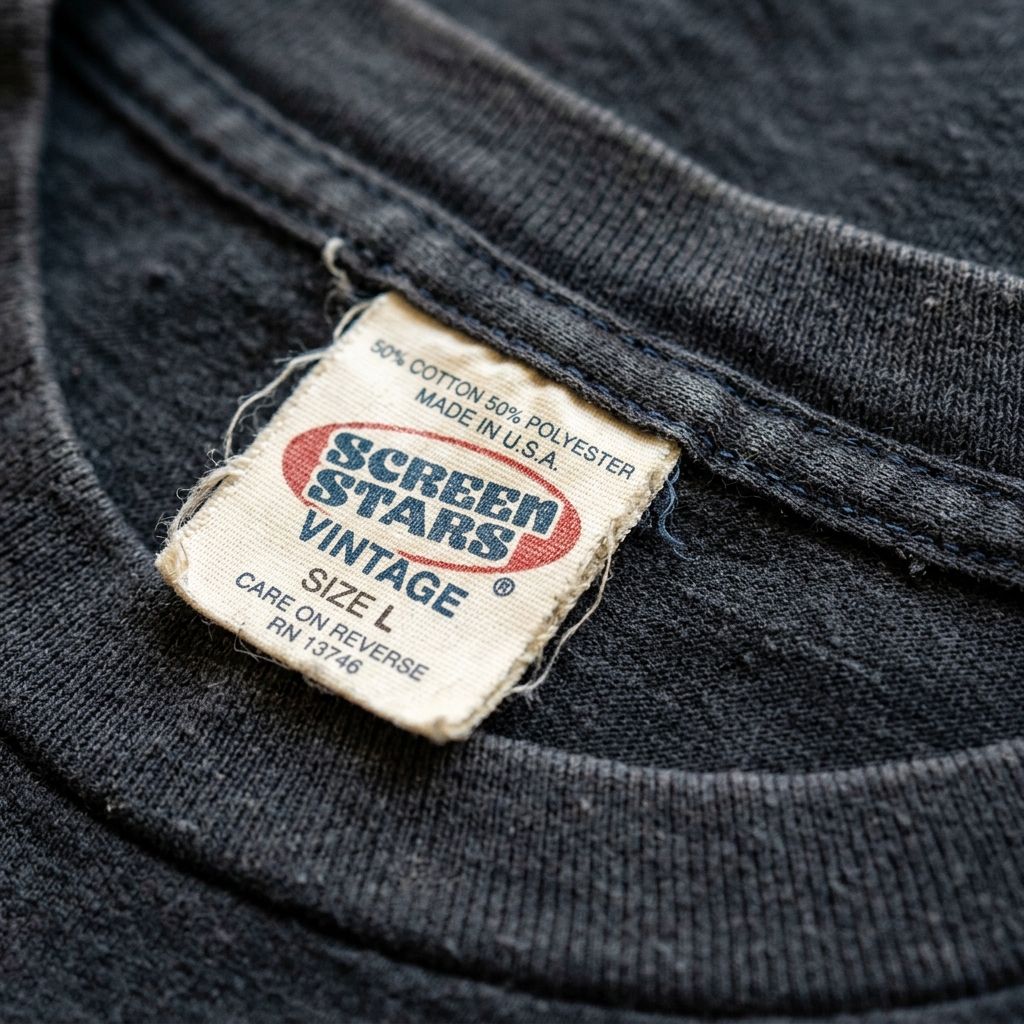 A close-up of a well-preserved vintage concert t-shirt tag and single-stitch hem left