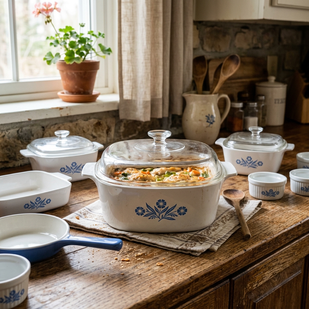 A beautiful collection of vintage Blue Cornflower CorningWare on a kitchen counter right