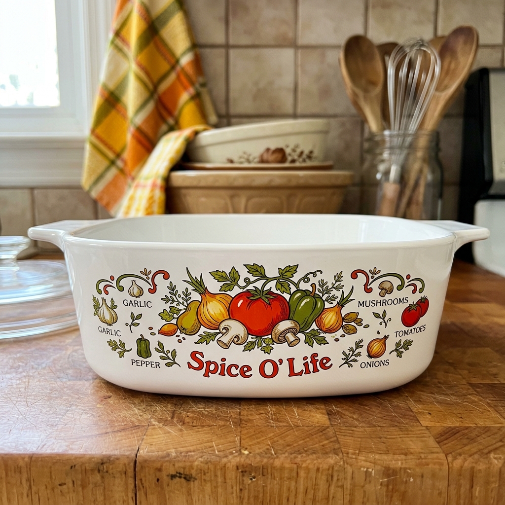 A close up of the detailed Spice O Life pattern on a vintage CorningWare dish left