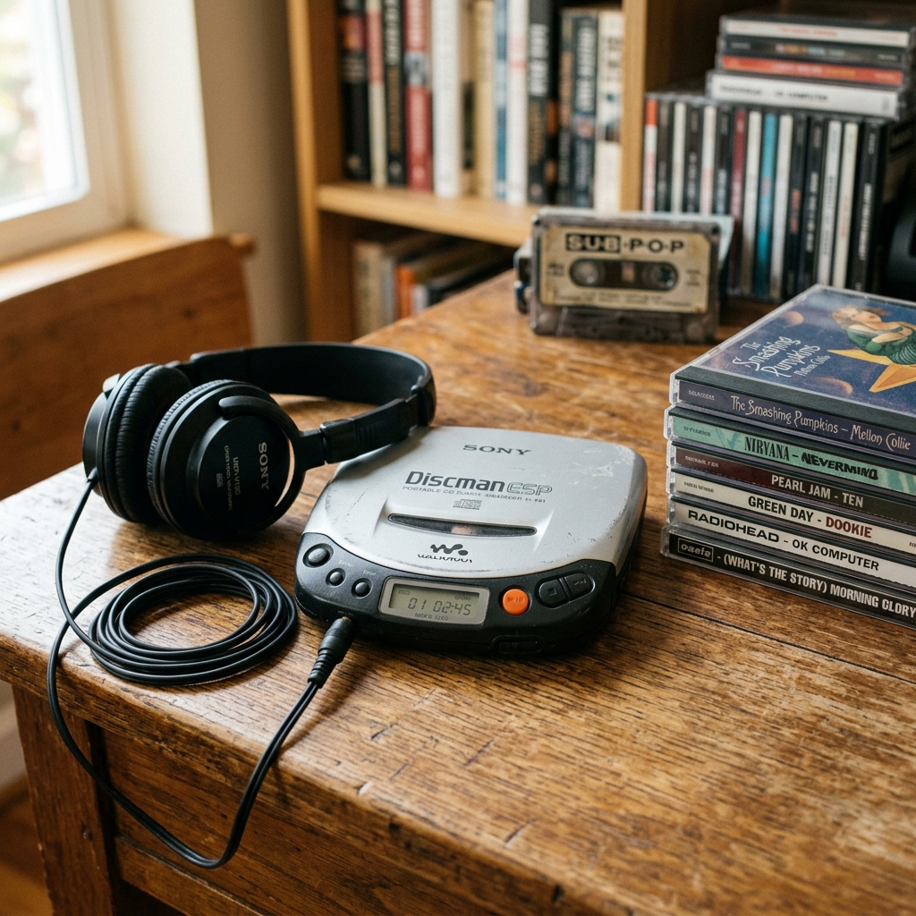 A classic 90s Sony Discman sitting on a wooden desk next to a stack of CDs right