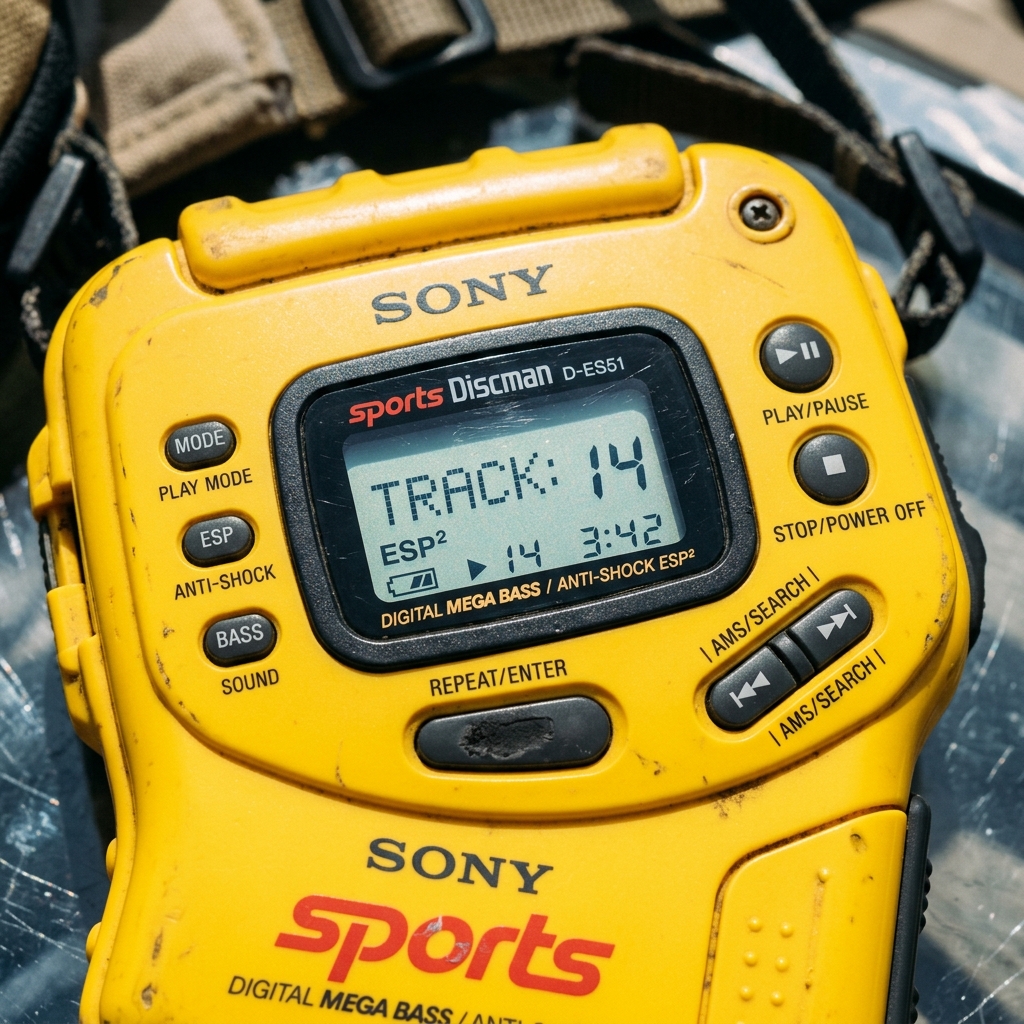 A close-up of a rugged yellow Sony Sports Discman showing the LCD screen left