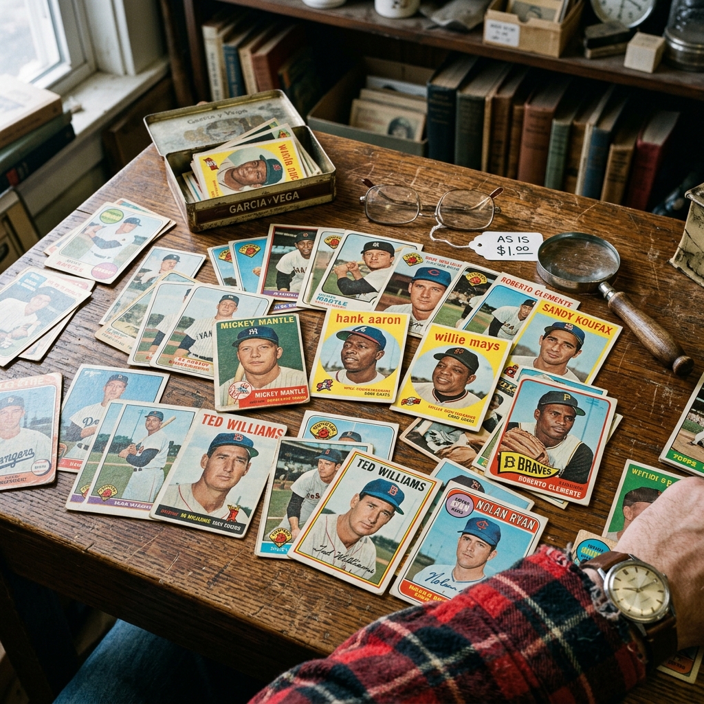 A detailed close-up of a vintage baseball card featuring a famous player right