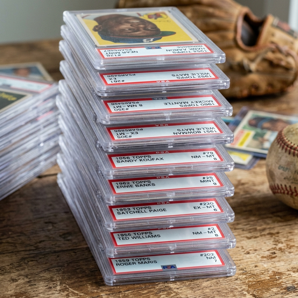 A close-up of a stack of graded vintage sports cards showing their protective slabs left