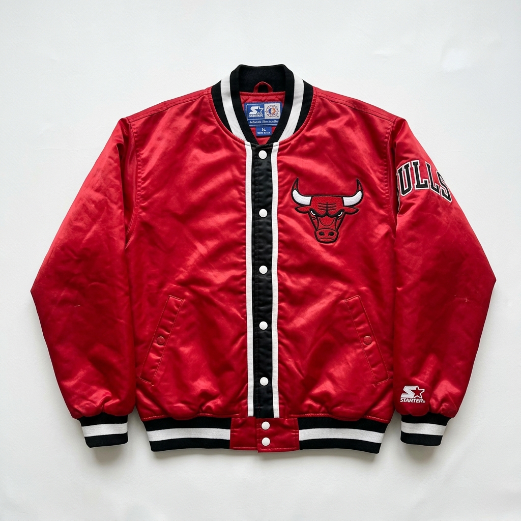 A pristine vintage 90s satin Starter jacket laid flat on a white background right
