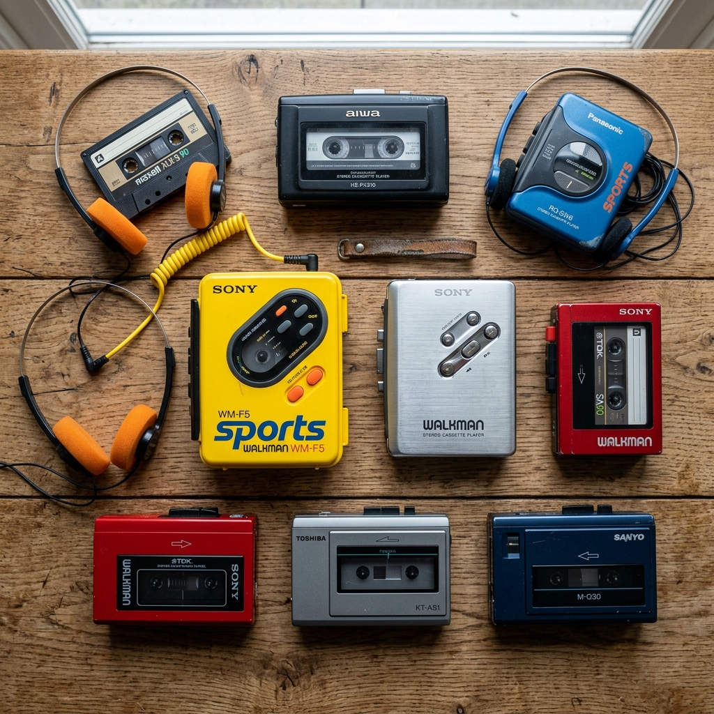 A thrift haul of vintage cassette players right